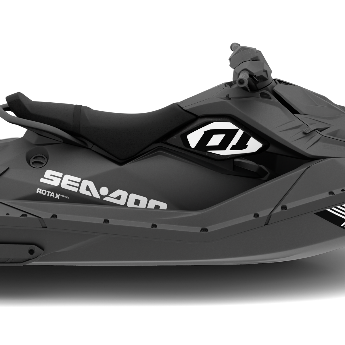 A side view of a black and dark gray Sea-Doo Rotax personal watercraft on a clean white background.