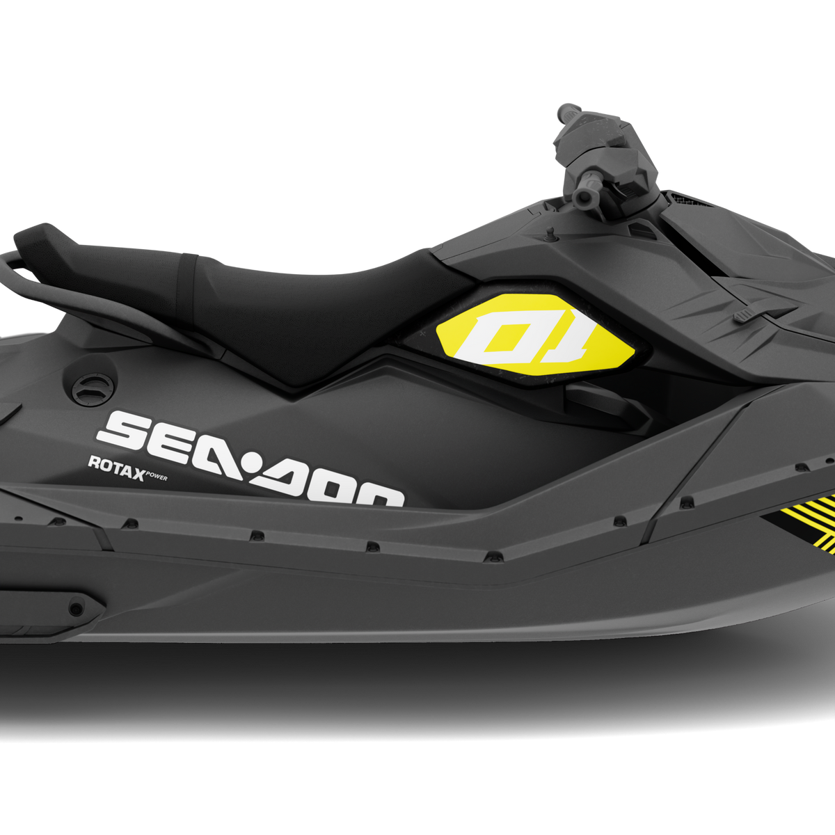 A side view of a Sea-Doo Rotax personal watercraft in matte black with bright yellow accents and white branding, set against a plain white background.