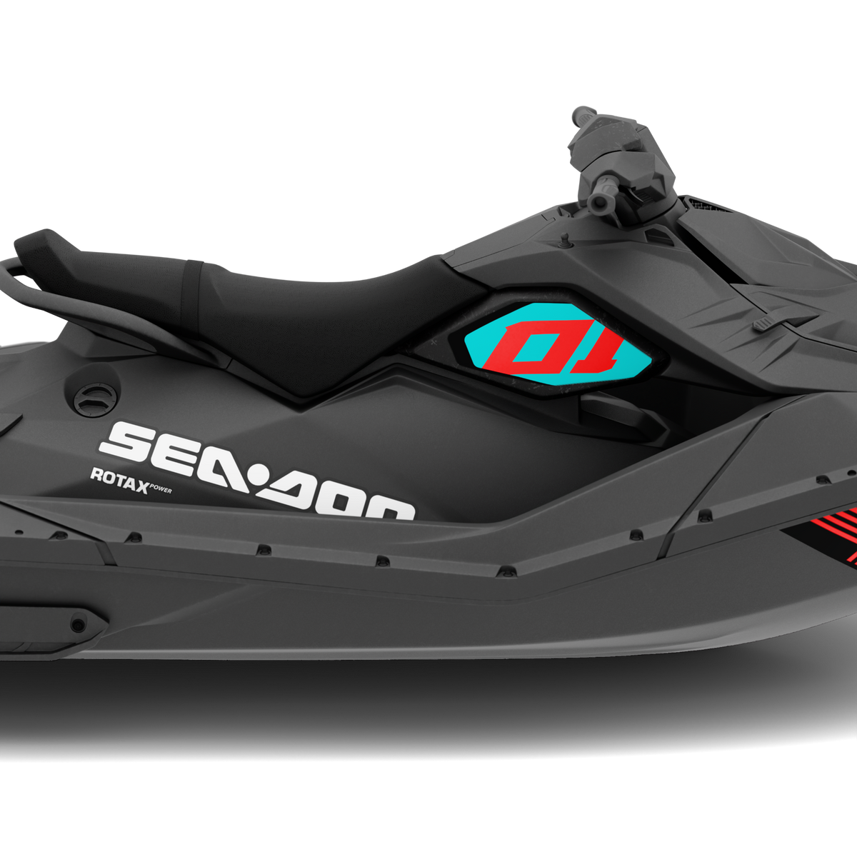A side view of a Sea-Doo  Spark Rotax personal watercraft on a clean white background. The jet ski is primarily dark gray and black with a distinctive teal and red logo on the side panel, and 'SEA-DOO' and 'ROTAX' branding printed in white.