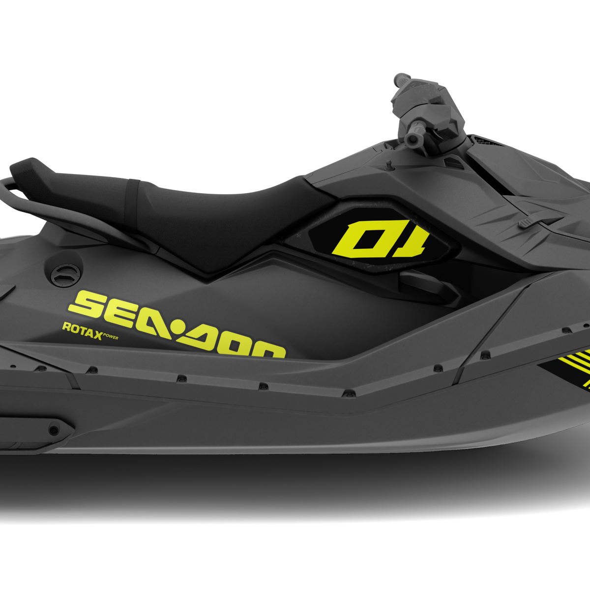 A side profile view of a Sea-Doo Rotax personal watercraft on a clean white background. The jet ski features a dark gray and black body with bright yellow branding and graphic accents.