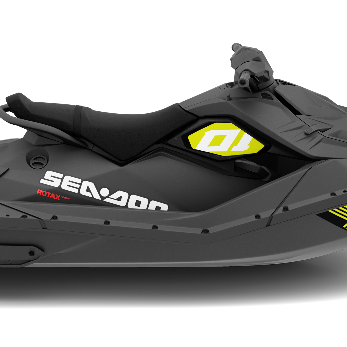 A side profile view of a Sea-Doo Rotax personal watercraft on a clean white background. The jet ski features a dark gray and black body with bright yellow accents on the side decals and a white 'SEA-DOO' logo.