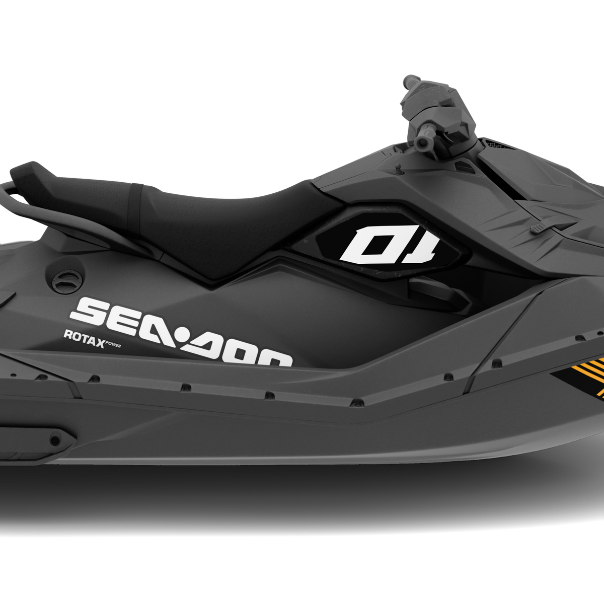 A side profile view of a black Sea-Doo Rotax personal watercraft on a clean white background.