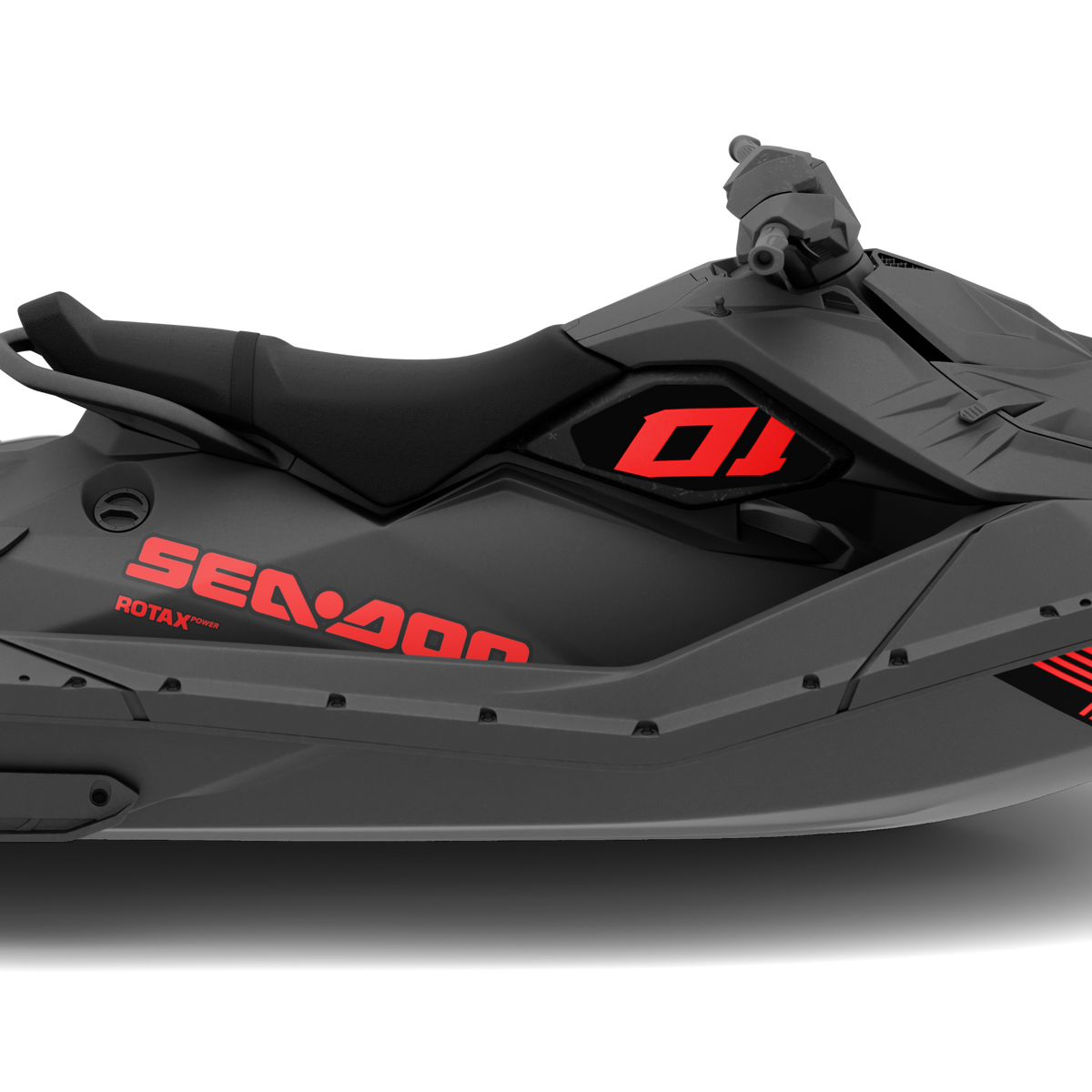A side view of a Sea-Doo Rotax personal watercraft on a clean white background. The jet ski features a dark gray body with black seat and bright red branding.