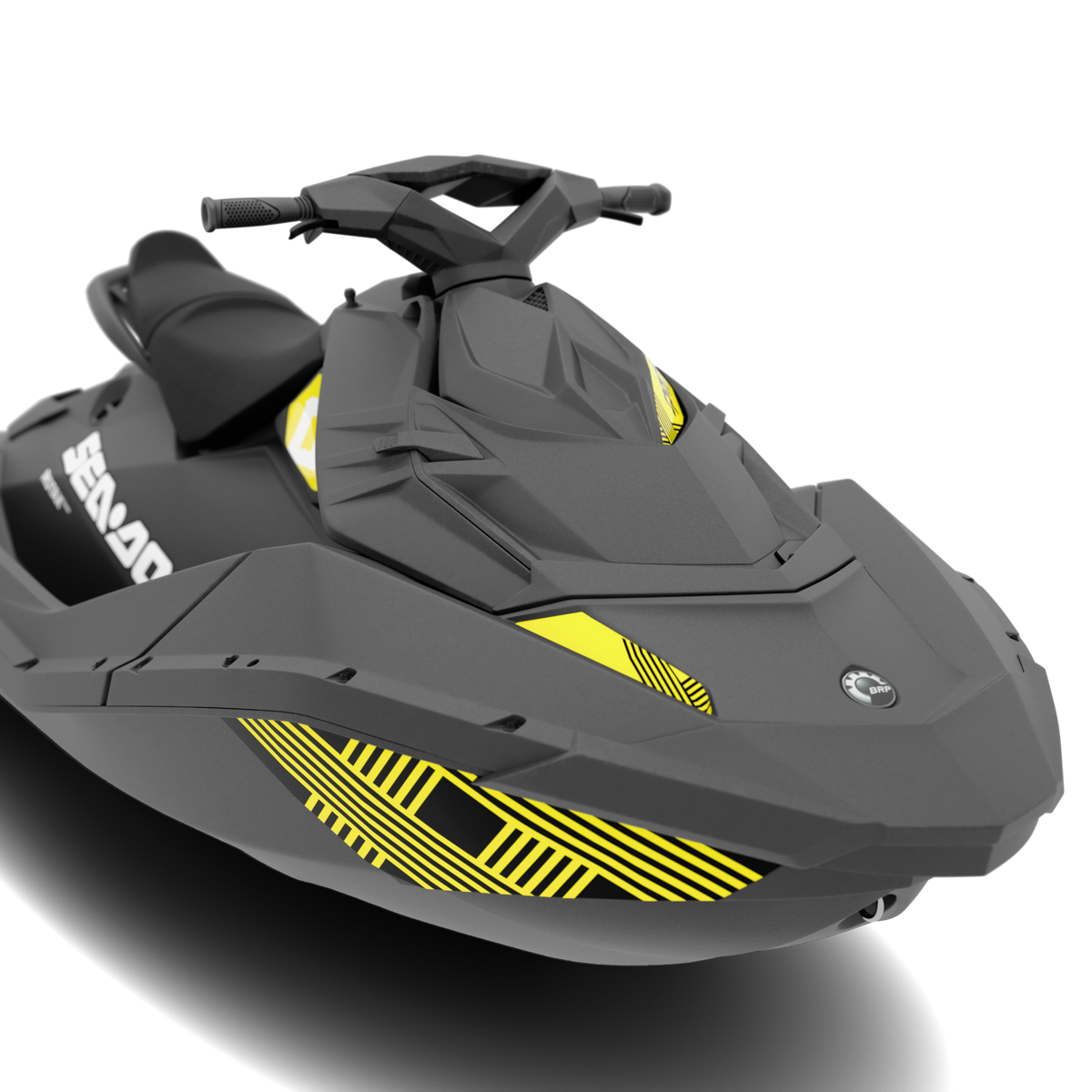 A dark gray Sea-Doo personal watercraft shown at a three-quarter angle on a white background with a soft shadow.