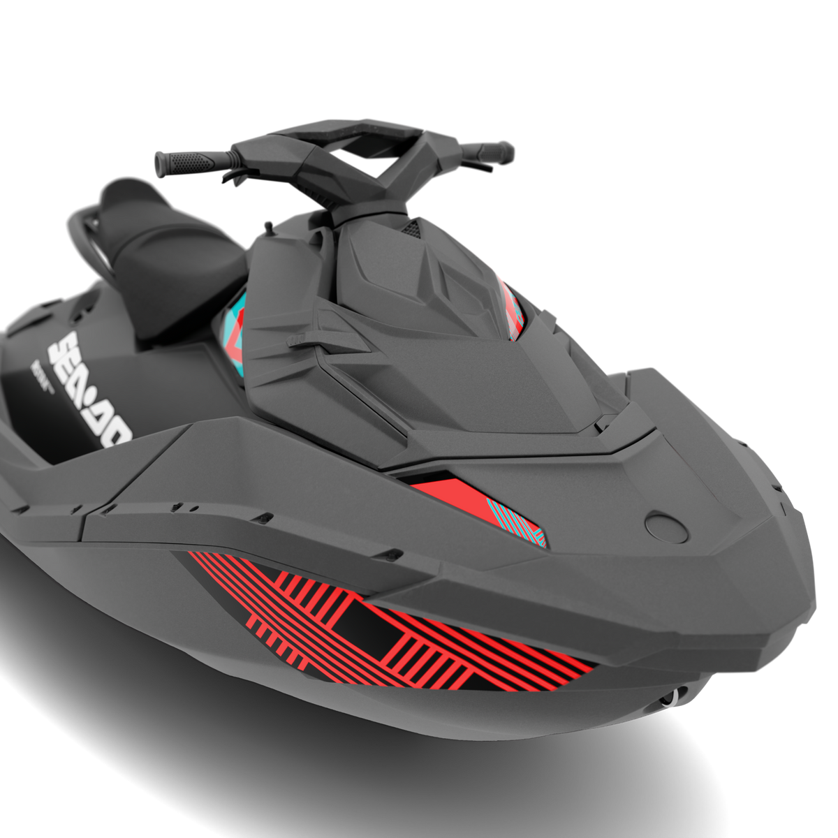 A dark gray personal watercraft with red and black graphic accents, featuring the Sea-Doo logo on the side, shown on a clean white background with a soft shadow.