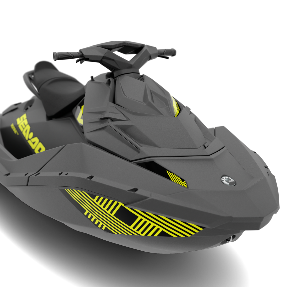 A dark gray personal watercraft with bright yellow graphic accents and the brand name 'SEMAPRO' visible on the side, shown on a clean white background.