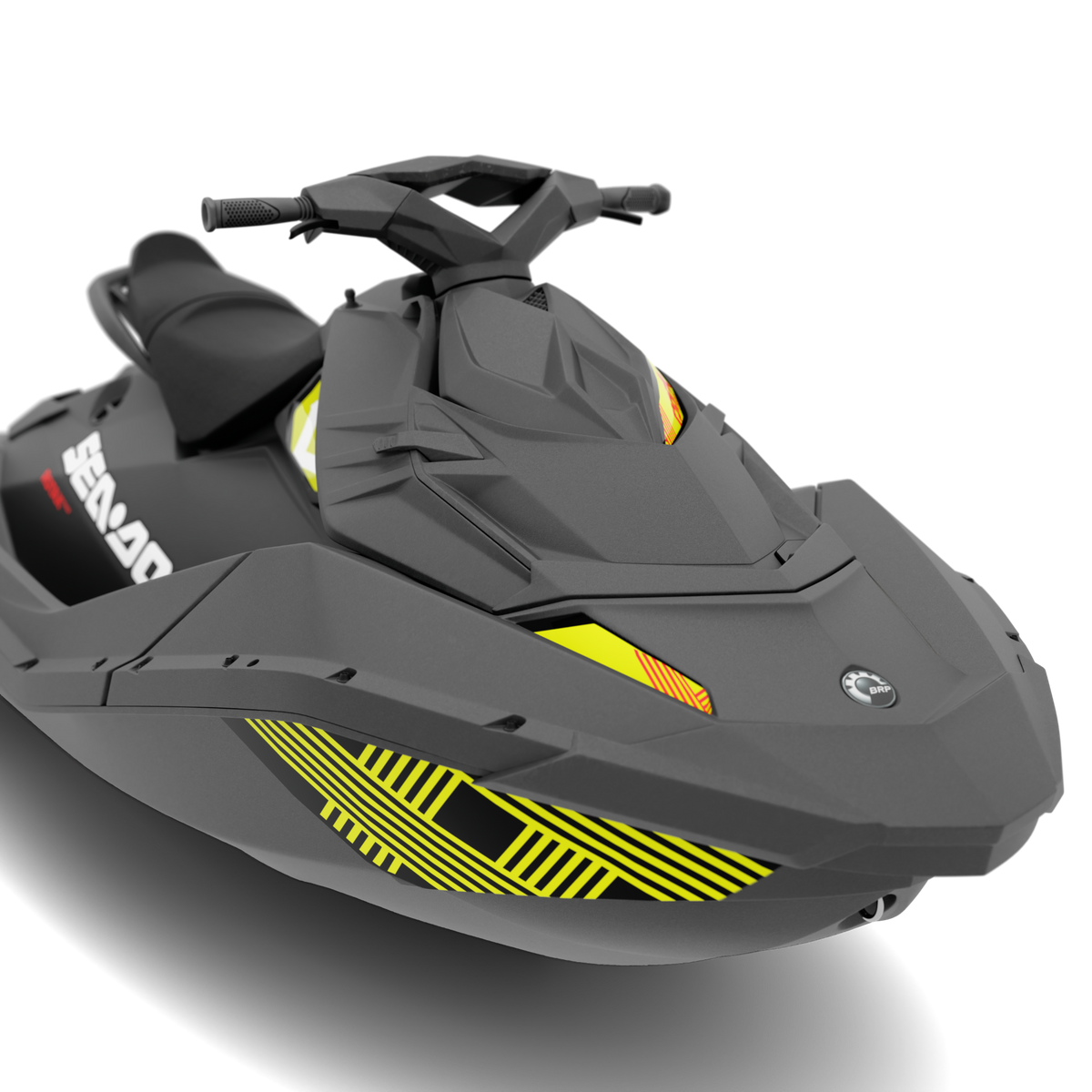 A dark gray Sea-Doo personal watercraft shown at a three-quarter angle on a clean white background. The jet ski features bright yellow and black graphic accents on the side and front, with the Sea-Doo brand name clearly visible on the side panel.