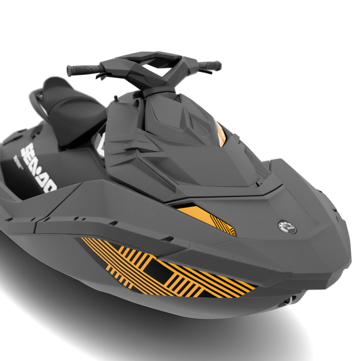 A dark gray Sea-Doo personal watercraft shown at a three-quarter angle on a white background with a soft shadow.