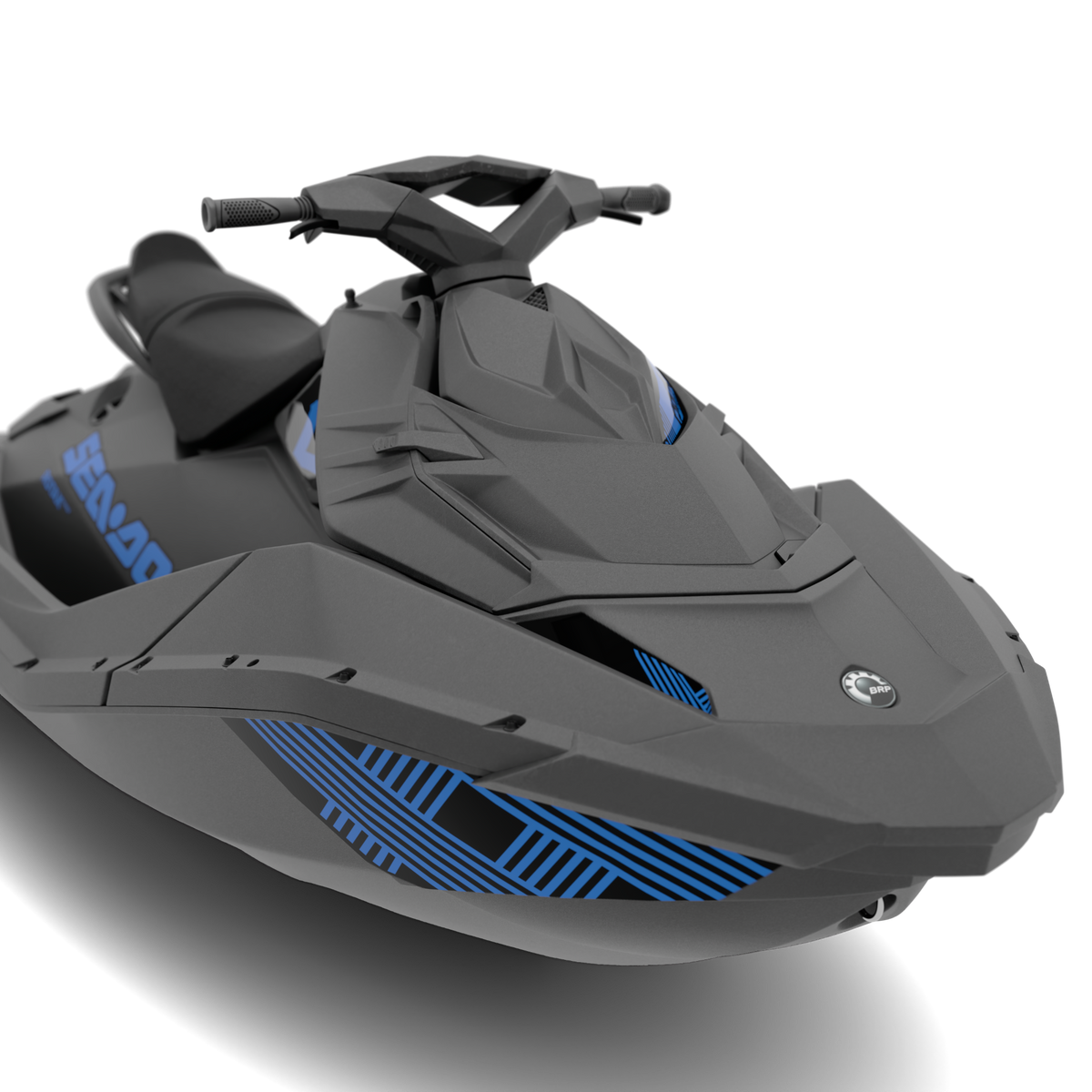 A dark gray Sea-Doo personal watercraft shown at a three-quarter angle on a clean white background. The jet ski features blue accents, including the Sea-Doo brand name on the side and blue geometric stripes on the front hull.
